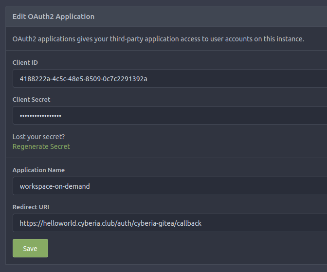 screenshot of gitea &quot;Edit OAuth2 Application&quot; UI showing 4 fields: Client ID, CLient Secret, Application Name, and Redirect URI 