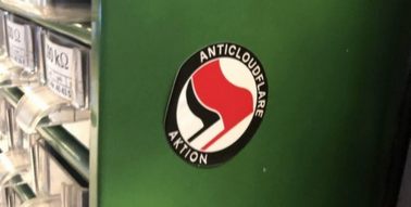 modified version of an oldschool antifa sticker that says &quot;anticloudflare aktion&quot;